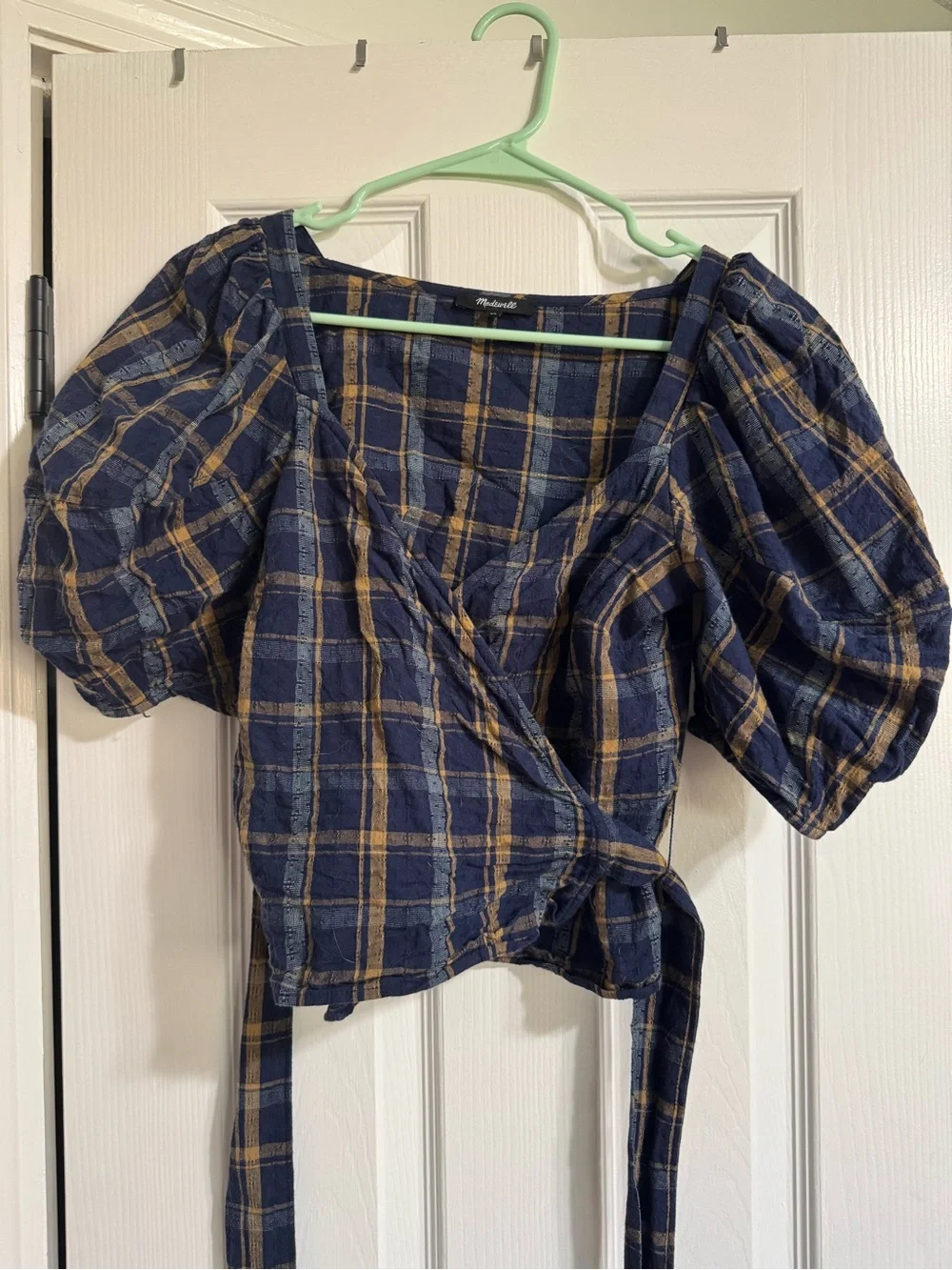 Madewell Navy and Tan Plaid Puff-Sleeve Wrap Blouse